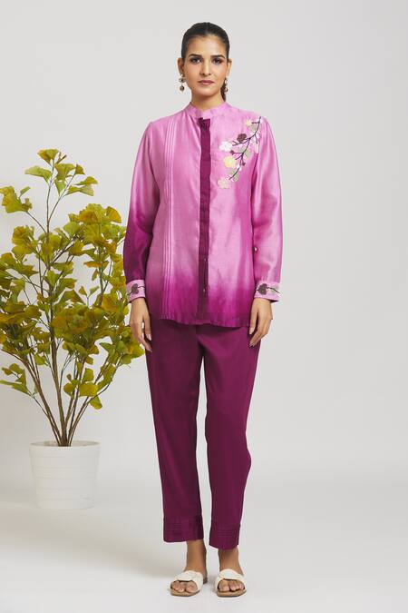 Samyukta Singhania Pink Chanderi, Cotton Beads Mandarin Collar Ombre Shirt With Pant Online at Aza Fashions Samyukta Singhania_Pink Chanderi, Cotton Beads Mandarin Collar Ombre Shirt With Pant _Online_at_Aza_Fashions