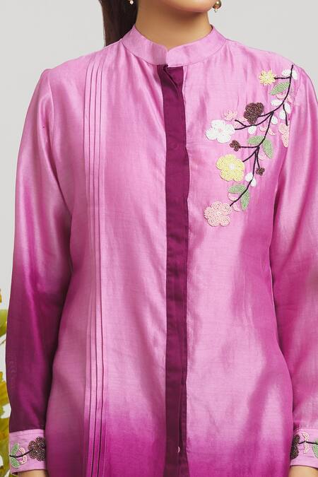 Buy Samyukta Singhania Pink Chanderi, Cotton Beads Mandarin Collar Ombre Shirt With Pant Online at Aza Fashions Buy_Samyukta Singhania_Pink Chanderi, Cotton Beads Mandarin Collar Ombre Shirt With Pant _Online_at_Aza_Fashions