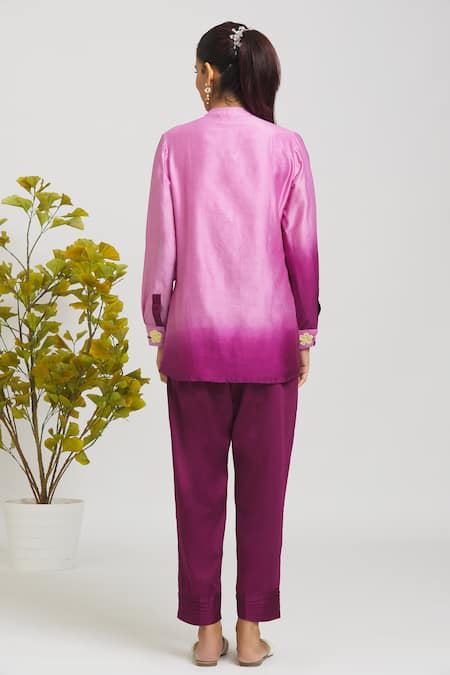 Shop Samyukta Singhania Pink Chanderi, Cotton Beads Mandarin Collar Ombre Shirt With Pant at Aza Fashions Shop_Samyukta Singhania_Pink Chanderi, Cotton Beads Mandarin Collar Ombre Shirt With Pant _at_Aza_Fashions