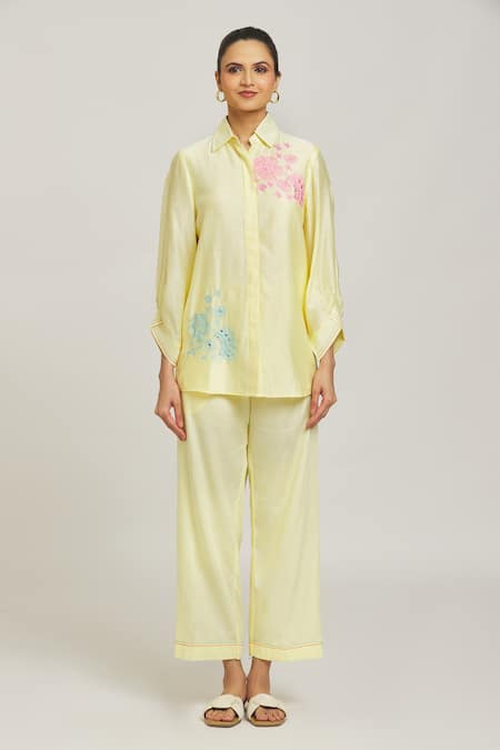 Naintara Bajaj_Yellow Chanderi, Cotton Diamonds Shawl Dori Placement Embroidery Shirt With Pant _Online_at_Aza_Fashions