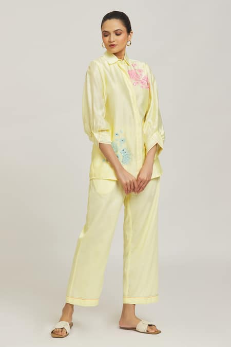 Buy_Naintara Bajaj_Yellow Chanderi, Cotton Diamonds Shawl Dori Placement Embroidery Shirt With Pant _Online_at_Aza_Fashions
