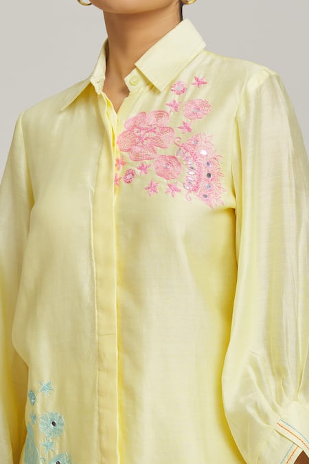 Shop_Naintara Bajaj_Yellow Chanderi, Cotton Diamonds Shawl Dori Placement Embroidery Shirt With Pant _Online_at_Aza_Fashions