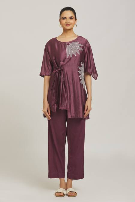 Buy Samyukta Singhania Purple Chanderi, Cotton Applique Round Neck Side Tie Tunic With Pant Online at Aza Fashions Buy_Samyukta Singhania_Purple Chanderi, Cotton Applique Round Neck Side Tie Tunic With Pant _Online_at_Aza_Fashions
