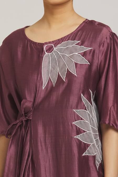 Shop Samyukta Singhania Purple Chanderi, Cotton Applique Round Neck Side Tie Tunic With Pant Online at Aza Fashions Shop_Samyukta Singhania_Purple Chanderi, Cotton Applique Round Neck Side Tie Tunic With Pant _Online_at_Aza_Fashions