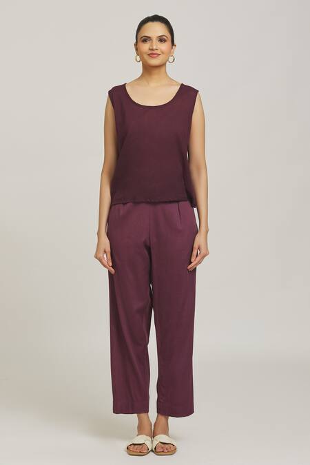Samyukta Singhania Purple Chanderi, Cotton Applique Round Neck Side Tie Tunic With Pant at Aza Fashions Samyukta Singhania_Purple Chanderi, Cotton Applique Round Neck Side Tie Tunic With Pant _at_Aza_Fashions