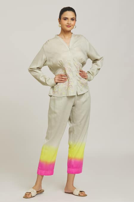 Buy_Naintara Bajaj_Grey Cotton Embroidery V-neck Placement Shirt With Ombre Pant _Online_at_Aza_Fashions