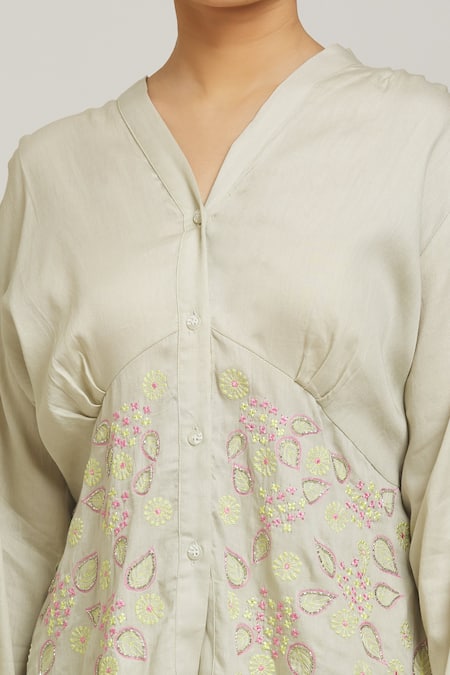 Shop_Naintara Bajaj_Grey Cotton Embroidery V-neck Placement Shirt With Ombre Pant _Online_at_Aza_Fashions