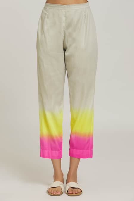 Naintara Bajaj_Grey Cotton Embroidery V-neck Placement Shirt With Ombre Pant _at_Aza_Fashions