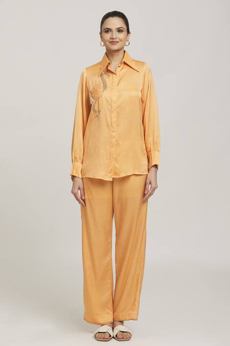 Naintara Bajaj Orange Cotton Sequins Shawl Neck Bird Embroidered Placement Shirt With Pant Online at Aza Fashions Naintara Bajaj_Orange Cotton Sequins Shawl Neck Bird Embroidered Placement Shirt With Pant _Online_at_Aza_Fashions