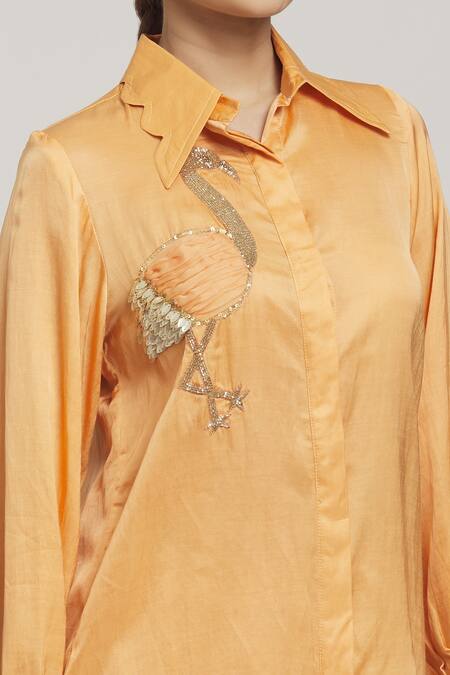 Shop Naintara Bajaj Orange Cotton Sequins Shawl Neck Bird Embroidered Placement Shirt With Pant Online at Aza Fashions Shop_Naintara Bajaj_Orange Cotton Sequins Shawl Neck Bird Embroidered Placement Shirt With Pant _Online_at_Aza_Fashions