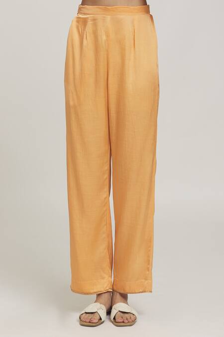 Naintara Bajaj Orange Cotton Sequins Shawl Neck Bird Embroidered Placement Shirt With Pant at Aza Fashions Naintara Bajaj_Orange Cotton Sequins Shawl Neck Bird Embroidered Placement Shirt With Pant _at_Aza_Fashions