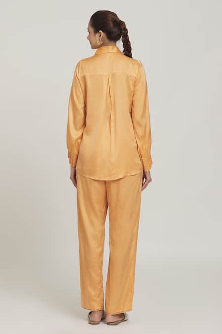 Shop Naintara Bajaj Orange Cotton Sequins Shawl Neck Bird Embroidered Placement Shirt With Pant at Aza Fashions Shop_Naintara Bajaj_Orange Cotton Sequins Shawl Neck Bird Embroidered Placement Shirt With Pant _at_Aza_Fashions