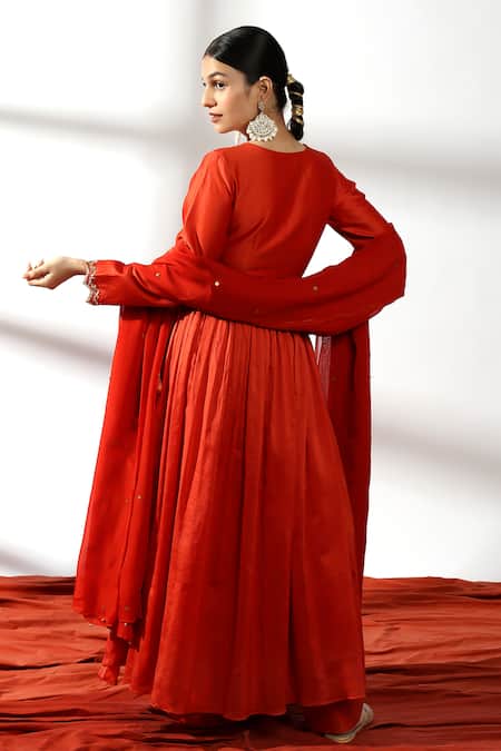 Shop Leela By A Red Chanderi, Organza Embroidery, Gota Dori Neckline Angarkha Kurta Pant Set at Aza Fashions Shop_Leela By A_Red Chanderi, Organza Embroidery, Gota Dori Neckline Angarkha Kurta Pant Set _at_Aza_Fashions