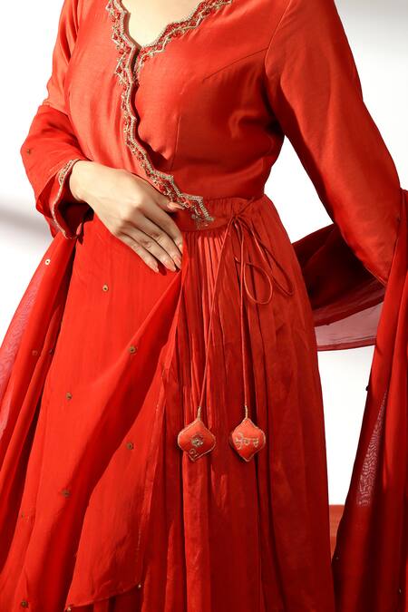 Buy Leela By A Red Chanderi, Organza Embroidery, Gota Dori Neckline Angarkha Kurta Pant Set Online at Aza Fashions Buy_Leela By A_Red Chanderi, Organza Embroidery, Gota Dori Neckline Angarkha Kurta Pant Set _Online_at_Aza_Fashions