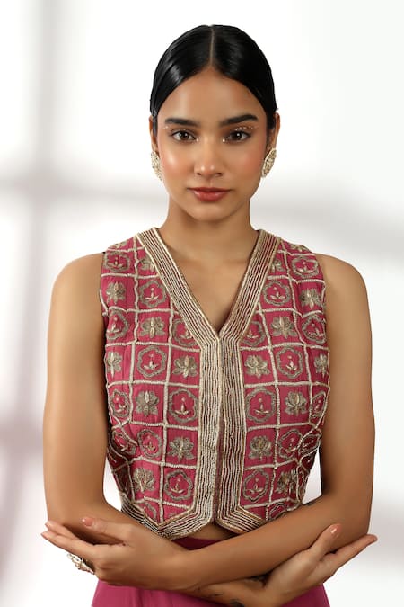 Shop_Leela By A_Purple Chanderi, Organza Floral Art Dori Embroidered Waistcoat With Palazzo _Online_at_Aza_Fashions