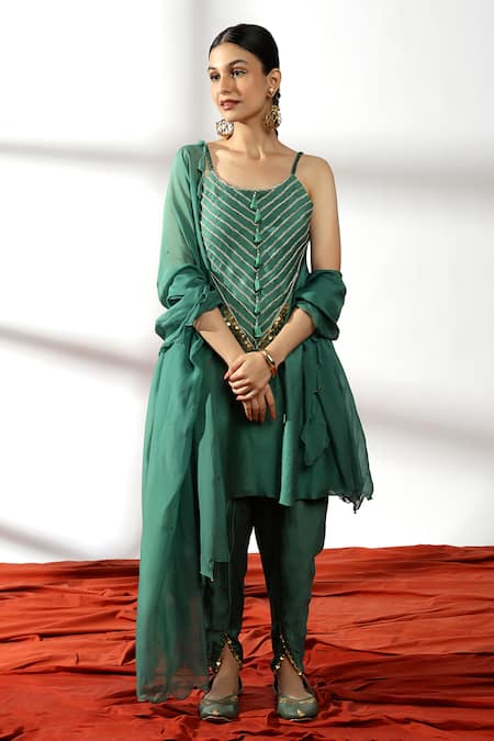 Leela By A Green Organza, Chanderi, Braided Lace Yoke Embellished Kurta Dhoti Pant Set 