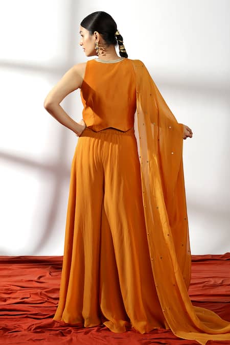 Shop Leela By A Orange Chanderi, Organza Embroidery, Mughal Flora Dori Waistcoat Palazzo Set at Aza Fashions Shop_Leela By A_Orange Chanderi, Organza Embroidery, Mughal Flora Dori Waistcoat Palazzo Set _at_Aza_Fashions