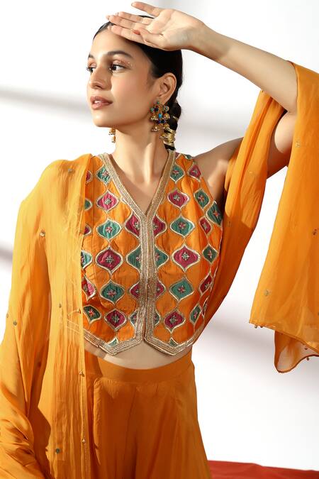 Buy Leela By A Orange Chanderi, Organza Embroidery, Mughal Flora Dori Waistcoat Palazzo Set Online at Aza Fashions Buy_Leela By A_Orange Chanderi, Organza Embroidery, Mughal Flora Dori Waistcoat Palazzo Set _Online_at_Aza_Fashions