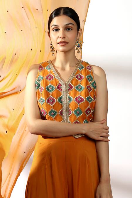 Shop Leela By A Orange Chanderi, Organza Embroidery, Mughal Flora Dori Waistcoat Palazzo Set Online at Aza Fashions Shop_Leela By A_Orange Chanderi, Organza Embroidery, Mughal Flora Dori Waistcoat Palazzo Set _Online_at_Aza_Fashions