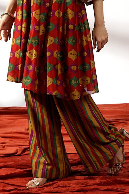 Leela By A Red Chanderi, Linen, Cotton Embroidery Mandarin Temple Arch Print Kurta Set Online at Aza Fashions Leela By A_Red Chanderi, Linen, Cotton Embroidery Mandarin Temple Arch Print Kurta Set _Online_at_Aza_Fashions