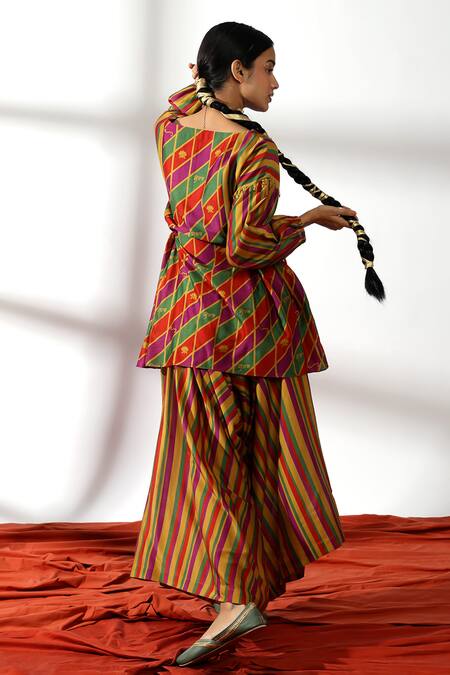 Shop Leela By A Multi Color Chanderi, Linen Sequins Boat Abstract Slice Print Kurta With Palazzo at Aza Fashions Shop_Leela By A_Multi Color Chanderi, Linen Sequins Boat Abstract Slice Print Kurta With Palazzo _at_Aza_Fashions