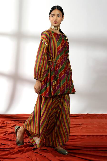 Buy Leela By A Multi Color Chanderi, Linen Sequins Boat Abstract Slice Print Kurta With Palazzo Online at Aza Fashions Buy_Leela By A_Multi Color Chanderi, Linen Sequins Boat Abstract Slice Print Kurta With Palazzo _Online_at_Aza_Fashions