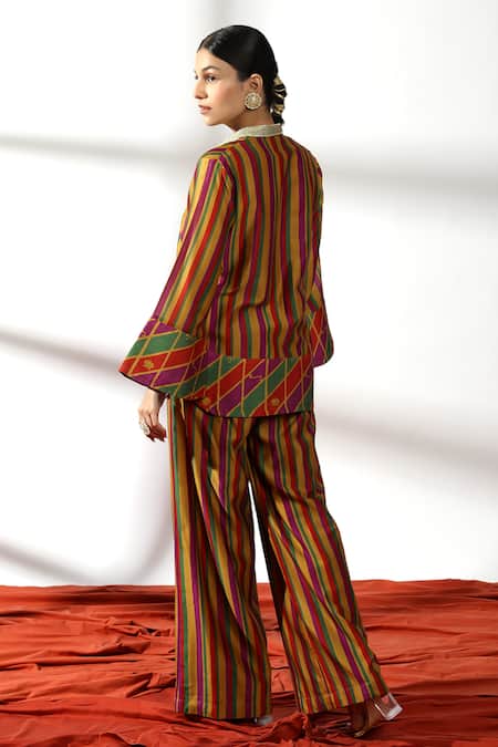 Shop Leela By A Multi Color Chanderi, Linen, Cotton Embroidery Stripe Print Shirt With Palazzo at Aza Fashions Shop_Leela By A_Multi Color Chanderi, Linen, Cotton Embroidery Stripe Print Shirt With Palazzo _at_Aza_Fashions