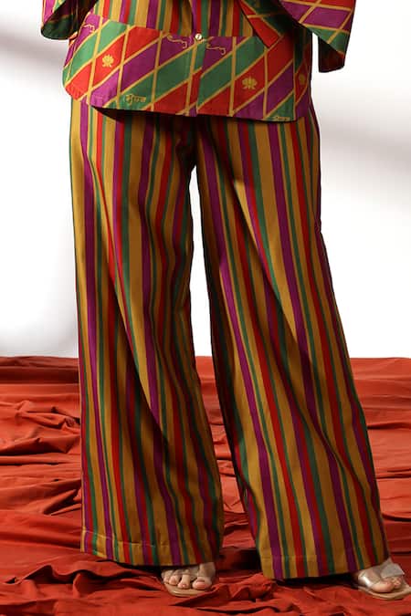 Leela By A Multi Color Chanderi, Linen, Cotton Embroidery Stripe Print Shirt With Palazzo Online at Aza Fashions Leela By A_Multi Color Chanderi, Linen, Cotton Embroidery Stripe Print Shirt With Palazzo _Online_at_Aza_Fashions