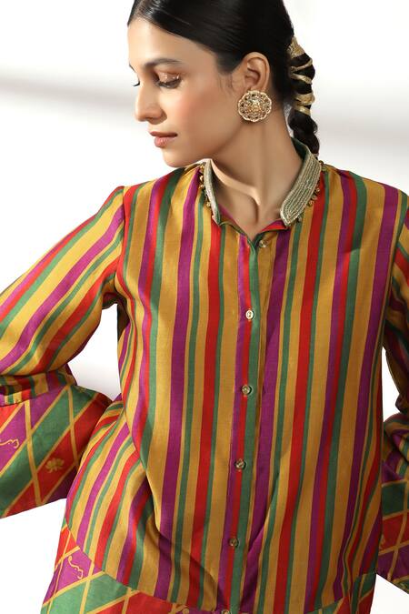 Buy Leela By A Multi Color Chanderi, Linen, Cotton Embroidery Stripe Print Shirt With Palazzo Online at Aza Fashions Buy_Leela By A_Multi Color Chanderi, Linen, Cotton Embroidery Stripe Print Shirt With Palazzo _Online_at_Aza_Fashions