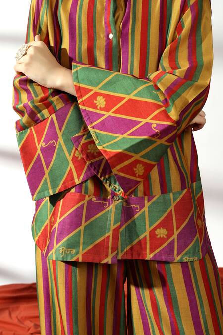 Shop Leela By A Multi Color Chanderi, Linen, Cotton Embroidery Stripe Print Shirt With Palazzo Online at Aza Fashions Shop_Leela By A_Multi Color Chanderi, Linen, Cotton Embroidery Stripe Print Shirt With Palazzo _Online_at_Aza_Fashions