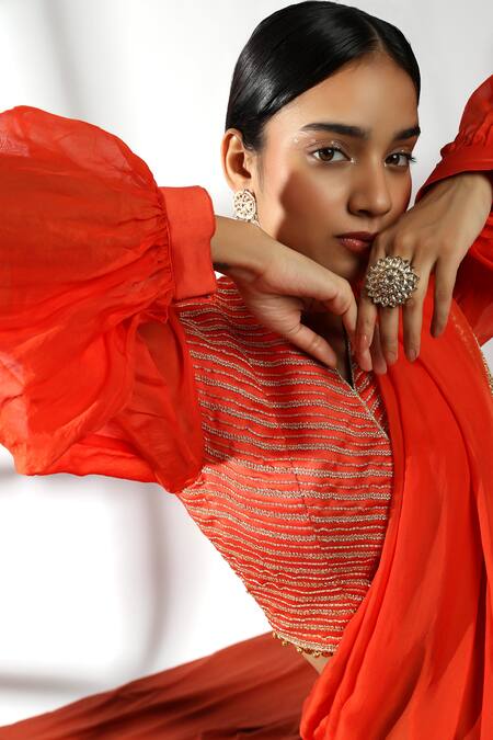 Leela By A Red Chanderi, Organza Embellished Pallu Pre-draped Saree With Waistcoat Blouse Online at Aza Fashions Leela By A_Red Chanderi, Organza Embellished Pallu Pre-draped Saree With Waistcoat Blouse _Online_at_Aza_Fashions
