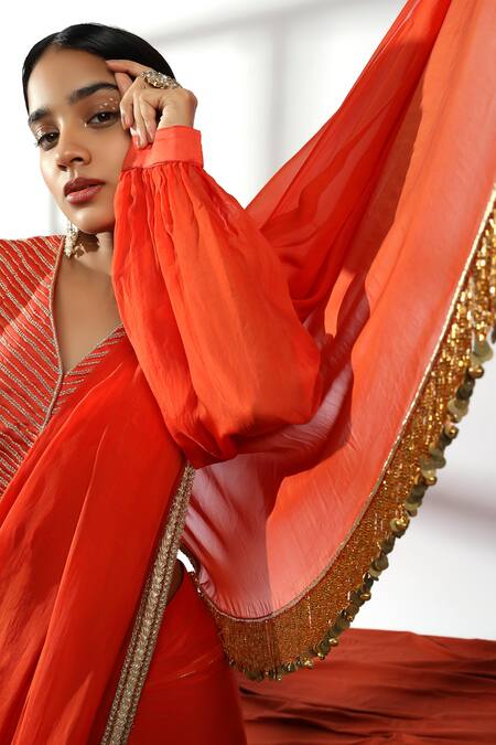 Buy Leela By A Red Chanderi, Organza Embellished Pallu Pre-draped Saree With Waistcoat Blouse Online at Aza Fashions Buy_Leela By A_Red Chanderi, Organza Embellished Pallu Pre-draped Saree With Waistcoat Blouse _Online_at_Aza_Fashions
