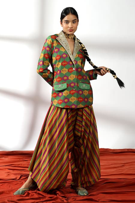 Leela By A Green Chanderi, Linen Sequins, Zari, Temple Arch Print Blazer With Palazzo 