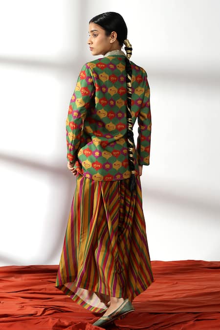 Shop Leela By A Green Chanderi, Linen Sequins, Zari, Temple Arch Print Blazer With Palazzo at Aza Fashions Shop_Leela By A_Green Chanderi, Linen Sequins, Zari, Temple Arch Print Blazer With Palazzo _at_Aza_Fashions