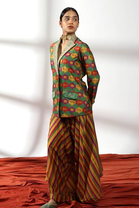 Buy Leela By A Green Chanderi, Linen Sequins, Zari, Temple Arch Print Blazer With Palazzo Online at Aza Fashions Buy_Leela By A_Green Chanderi, Linen Sequins, Zari, Temple Arch Print Blazer With Palazzo _Online_at_Aza_Fashions