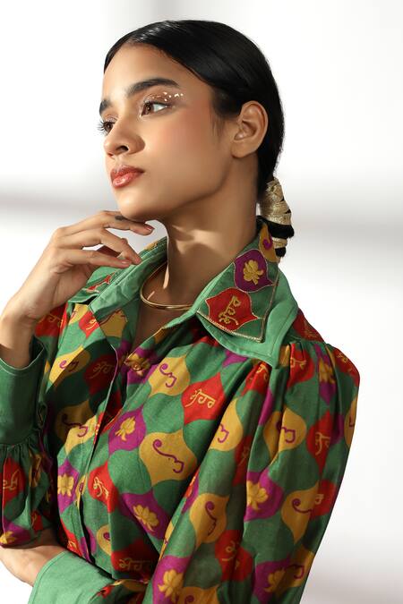 Shop Leela By A Green Chanderi Embroidery Collared Temple Arch Print Shirt Kurta With Pant Online at Aza Fashions Shop_Leela By A_Green Chanderi Embroidery Collared Temple Arch Print Shirt Kurta With Pant _Online_at_Aza_Fashions