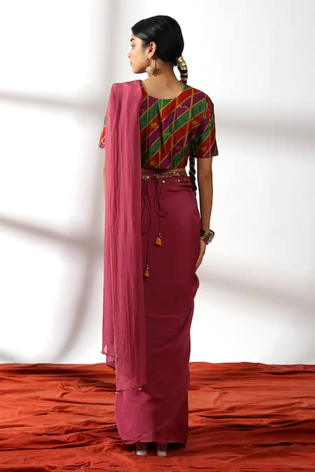 Leela By A_Multi Color Organza, Chanderi, Ghungroo Border Embellished Pre-draped Saree Set _Online_at_Aza_Fashions