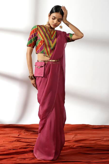 Buy_Leela By A_Multi Color Organza, Chanderi, Ghungroo Border Embellished Pre-draped Saree Set _Online_at_Aza_Fashions