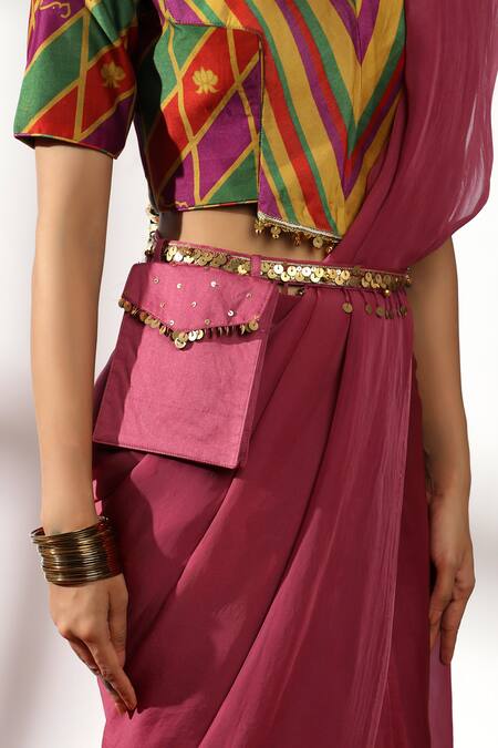 Shop_Leela By A_Multi Color Organza, Chanderi, Ghungroo Border Embellished Pre-draped Saree Set _Online_at_Aza_Fashions