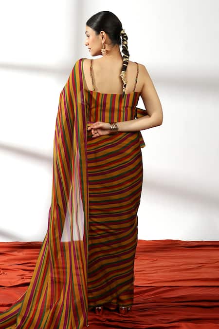 Leela By A Band Striped Pre-Draped Saree With Bustier Blouse 