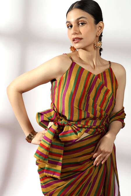 Leela By A_Multi Color Chanderi, Organza, Band Striped Pre-draped Saree With Bustier Blouse _Online_at_Aza_Fashions