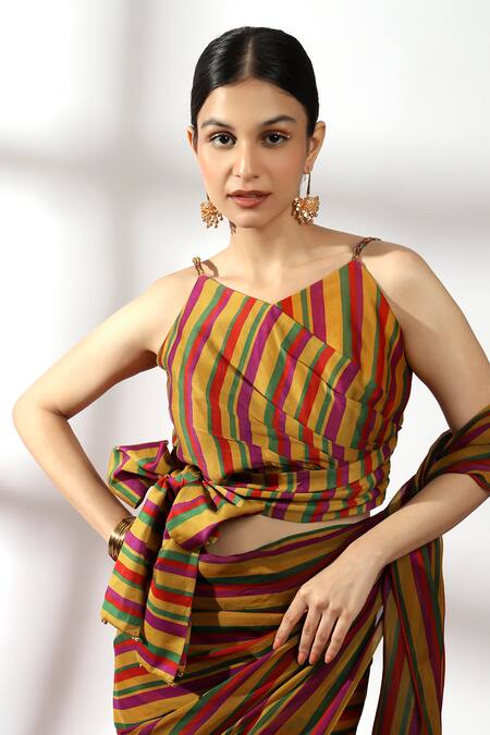 Buy_Leela By A_Multi Color Chanderi, Organza, Band Striped Pre-draped Saree With Bustier Blouse _Online_at_Aza_Fashions