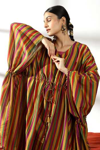 Leela By A_Multi Color Chanderi Sequins V-neck Striped Print Kaftan With Inner _Online_at_Aza_Fashions