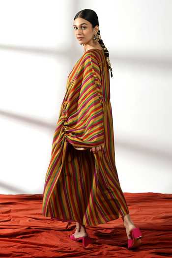 Buy_Leela By A_Multi Color Chanderi Sequins V-neck Striped Print Kaftan With Inner _Online_at_Aza_Fashions