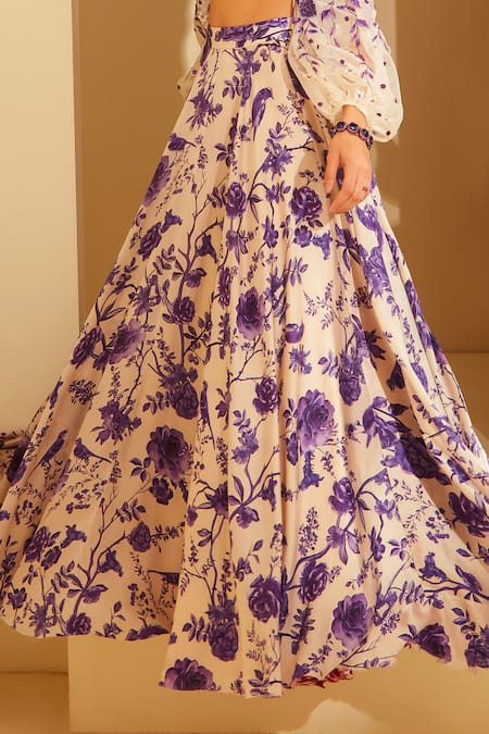 Sachkiran Bimbra_Cream Satin, Organza Sequins, Cut Work Imperial Rose Print Skirt And Blouse Set _Online_at_Aza_Fashions