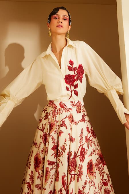 Sachkiran Bimbra Annette Rose Print Skirt & Shirt Set 