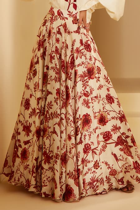 Sachkiran Bimbra Cream Satin, Poplin Sequins Collared Annette Rose Print Skirt And Shirt Set Online at Aza Fashions Sachkiran Bimbra_Cream Satin, Poplin Sequins Collared Annette Rose Print Skirt And Shirt Set _Online_at_Aza_Fashions