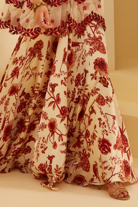 Sachkiran Bimbra_Cream Organza, Satin Embroidery, Sequins Valentine Rose Print Skirt And Top Set _Online_at_Aza_Fashions