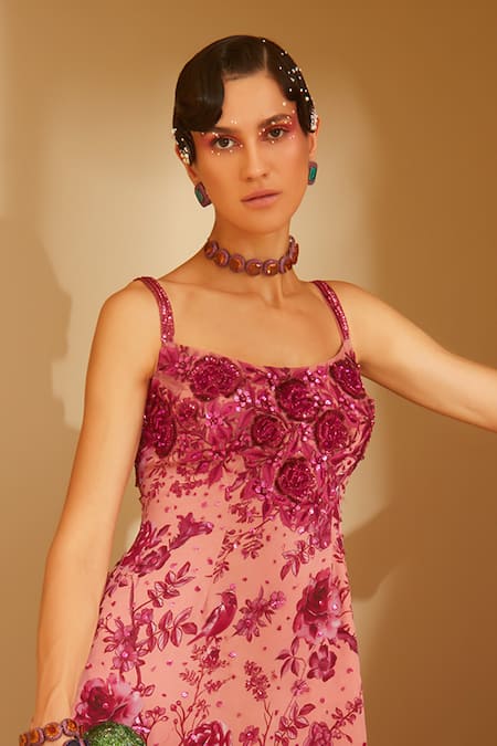 Shop Sachkiran Bimbra Pink Satin, Organza, Net Embroidery, Sequins Cerise Rose Print Kurta Sharara Set at Aza Fashions Shop_Sachkiran Bimbra_Pink Satin, Organza, Net Embroidery, Sequins Cerise Rose Print Kurta Sharara Set _at_Aza_Fashions