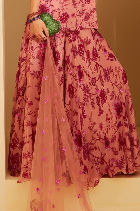 Sachkiran Bimbra Pink Satin, Organza, Net Embroidery, Sequins Cerise Rose Print Kurta Sharara Set Online at Aza Fashions Sachkiran Bimbra_Pink Satin, Organza, Net Embroidery, Sequins Cerise Rose Print Kurta Sharara Set _Online_at_Aza_Fashions
